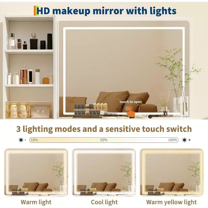 52in Wave Texture Makeup Vanity Desk with LED Mirror, Power Outlet, 6 Drawers, Glass Top & Storage for Bedroom Living Room