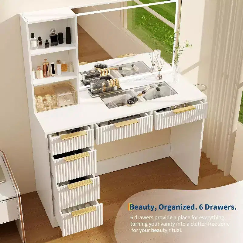 52in Wave Texture Makeup Vanity Desk with LED Mirror, Power Outlet, 6 Drawers, Glass Top & Storage for Bedroom Living Room