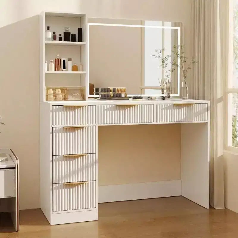 52in Wave Texture Makeup Vanity Desk with LED Mirror, Power Outlet, 6 Drawers, Glass Top & Storage for Bedroom Living Room