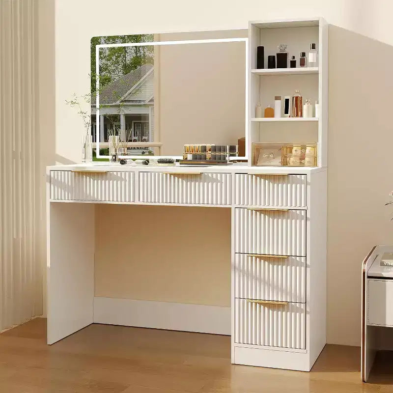 52in Wave Texture Makeup Vanity Desk with LED Mirror, Power Outlet, 6 Drawers, Glass Top & Storage for Bedroom Living Room