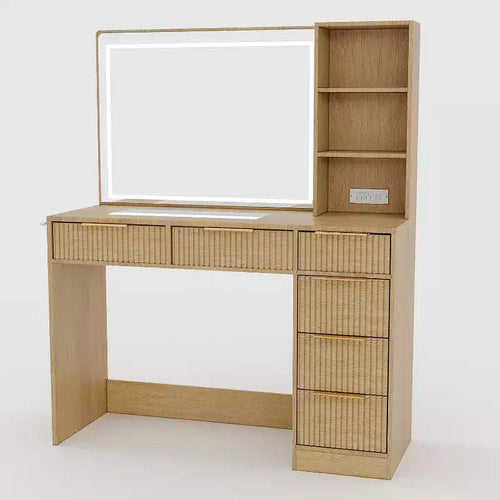 Coiffeuse texturée ondulée de 52 pouces avec miroir LED, prise de courant, 6 tiroirs, plateau en verre et rangement pour chambre à coucher et salon