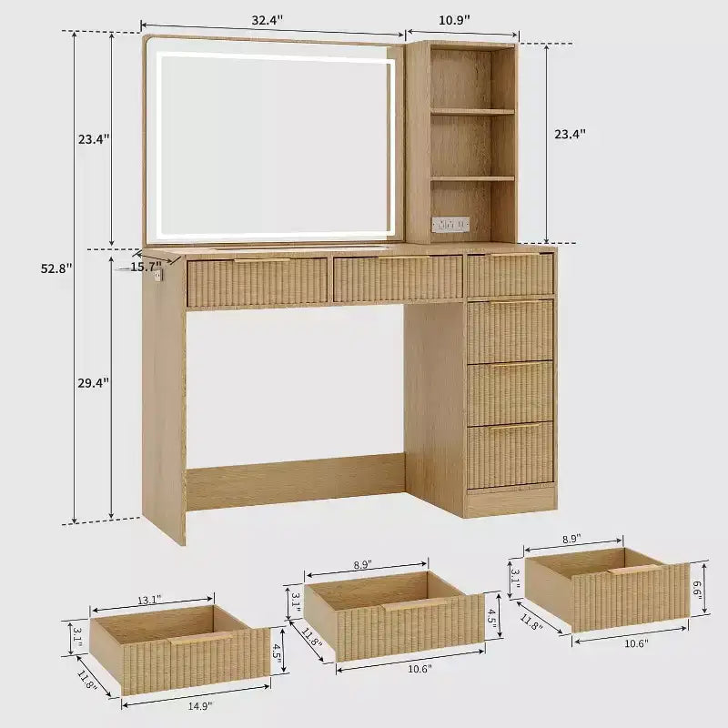 52in Wave Texture Makeup Vanity Desk with LED Mirror, Power Outlet, 6 Drawers, Glass Top & Storage for Bedroom Living Room