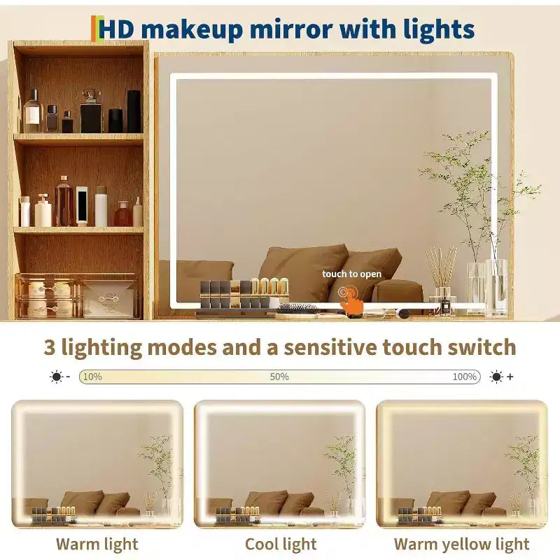 52in Wave Texture Makeup Vanity Desk with LED Mirror, Power Outlet, 6 Drawers, Glass Top & Storage for Bedroom Living Room