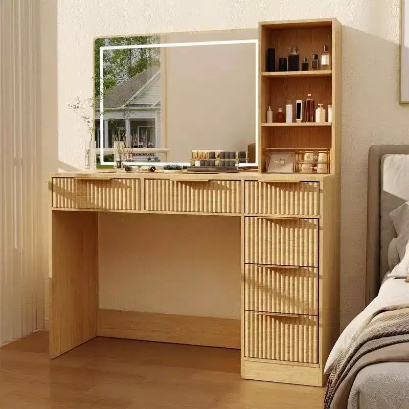 52in Wave Texture Makeup Vanity Desk with LED Mirror, Power Outlet, 6 Drawers, Glass Top & Storage for Bedroom Living Room