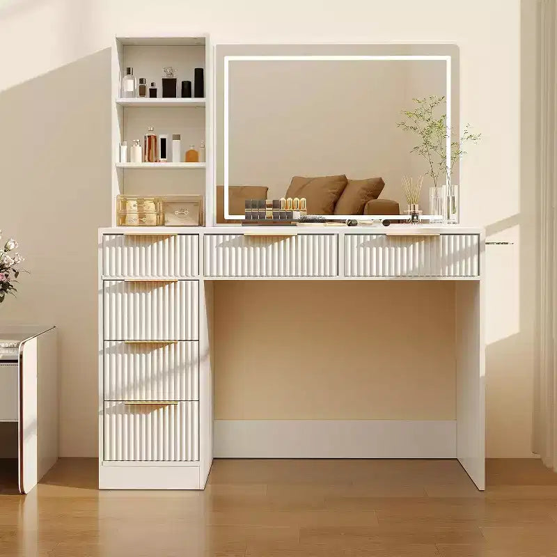 Coiffeuse texturée ondulée de 52 pouces avec miroir LED, prise de courant, 6 tiroirs, plateau en verre et rangement pour chambre à coucher et salon