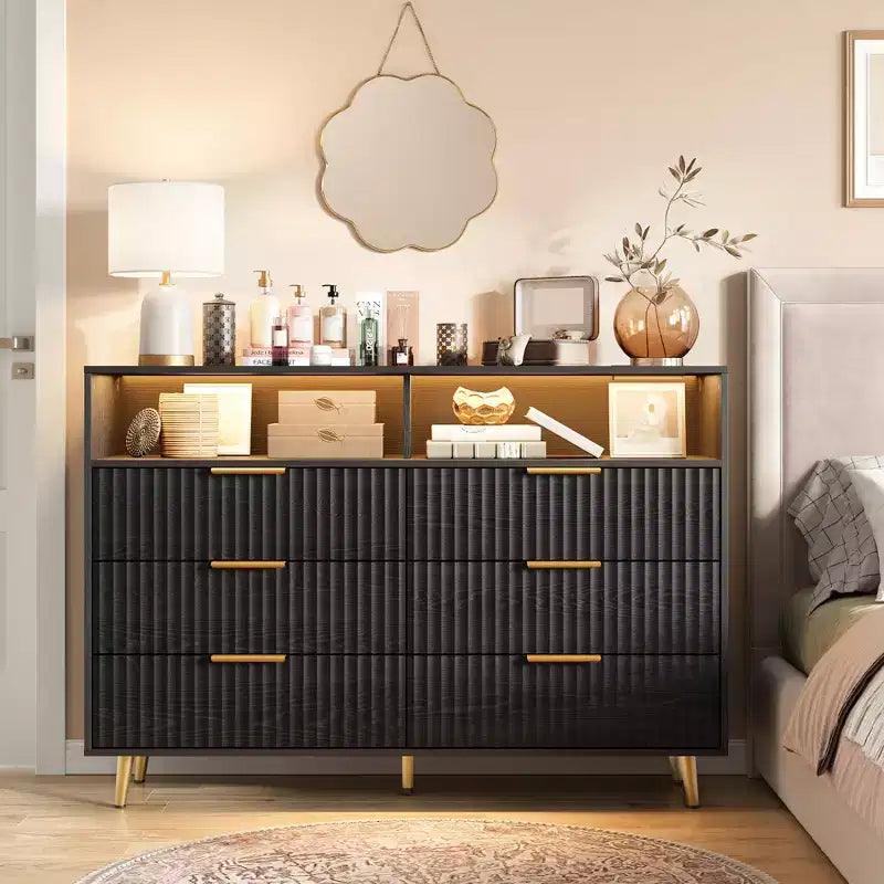 Commode 7 tiroirs au motif ondulé moderne, rangement contemporain pour chambre, salon et entrée
