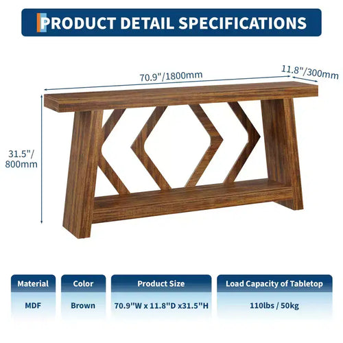 Console de 180 cm avec 2 étagères, Table d'entrée étroite, Table de canapé de style rustique pour couloir ou salon