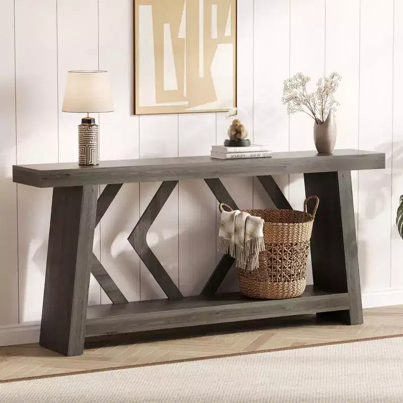 Console de 180 cm avec 2 étagères, Table d'entrée étroite, Table de canapé de style rustique pour couloir ou salon