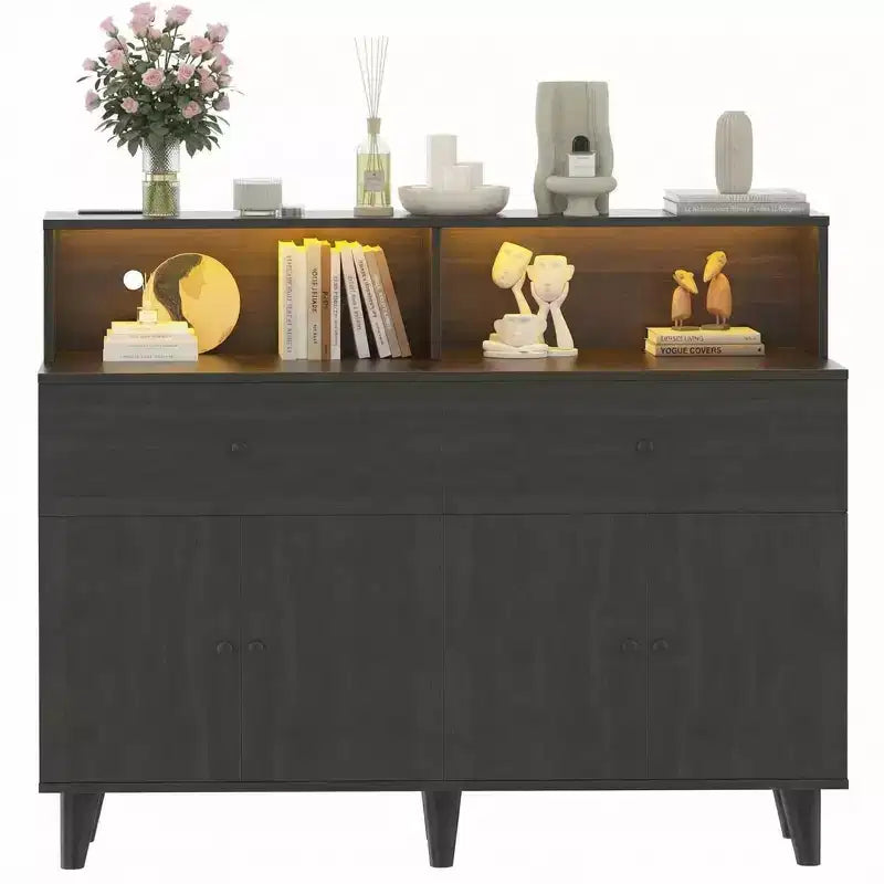 47 Storage Buffet Cabinet with 6 Drawers, Adjustable Shelf, LED Lights and Charging Station for Kitchen and Dining Room