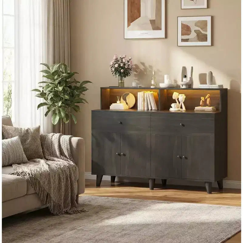 47 Storage Buffet Cabinet with 6 Drawers, Adjustable Shelf, LED Lights and Charging Station for Kitchen and Dining Room