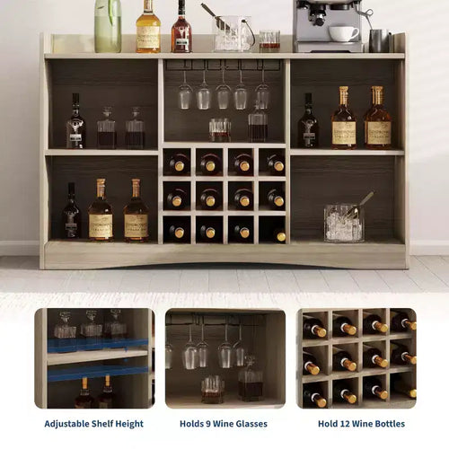 Meuble de bar à vin moderne de 120 cm avec 9 porte-verres, 12 casiers à vin, design cannelé, 2 portes, buffet de rangement pour salle à manger et salon
