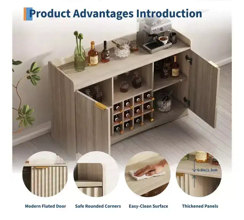47 Modern Wine Bar Cabinet with 9 Glass Holders, 12 Wine Racks, Fluted Design, 2 Doors, Buffet Sideboard Storage for Dining & Living Room