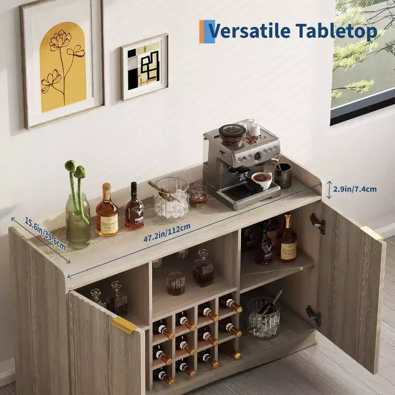 47 Modern Wine Bar Cabinet with 9 Glass Holders, 12 Wine Racks, Fluted Design, 2 Doors, Buffet Sideboard Storage for Dining & Living Room