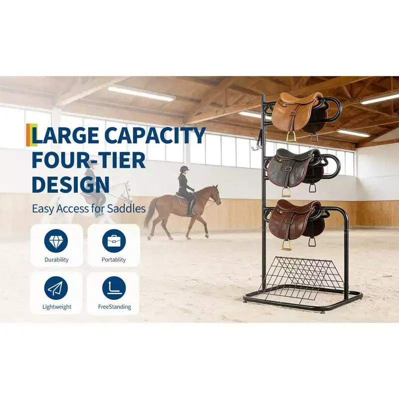 3 Tier Saddle Rack Stand Rotatable & Removable, Heavy Duty Horse Tack Organization Stand, Freestanding English & Western Saddle Blanket Holder Black