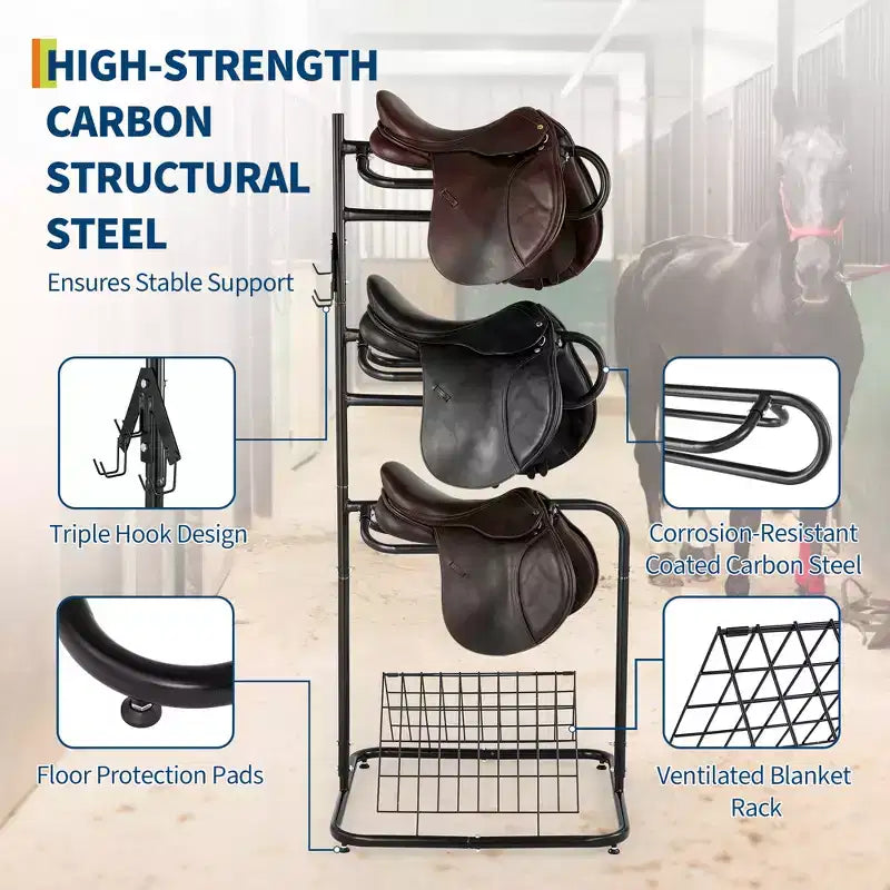 3 Tier Saddle Rack Stand Rotatable & Removable, Heavy Duty Horse Tack Organization Stand, Freestanding English & Western Saddle Blanket Holder Black
