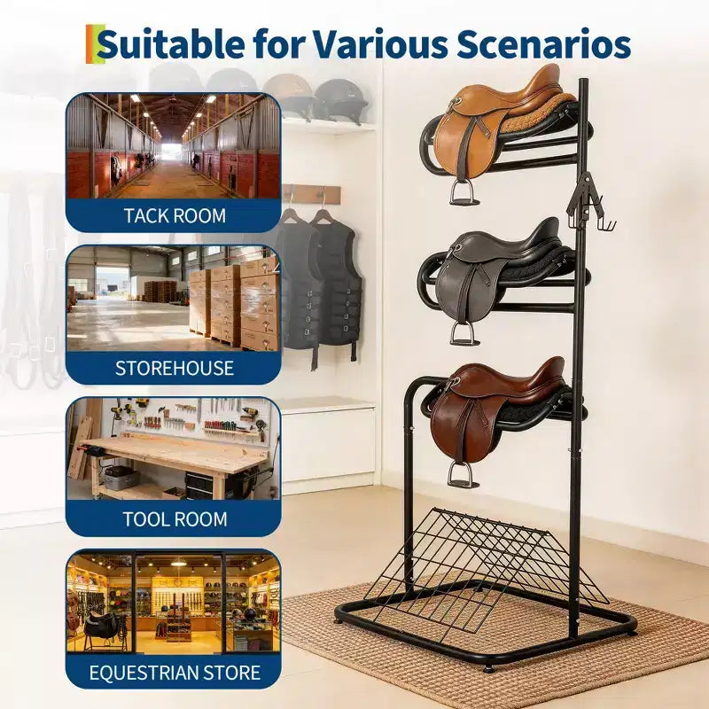 3 Tier Saddle Rack Stand Rotatable & Removable, Heavy Duty Horse Tack Organization Stand, Freestanding English & Western Saddle Blanket Holder Black