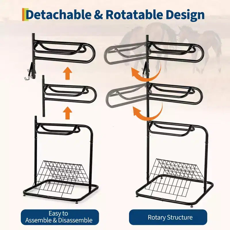 3 Tier Saddle Rack Stand Rotatable & Removable, Heavy Duty Horse Tack Organization Stand, Freestanding English & Western Saddle Blanket Holder Black