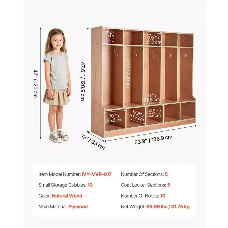 5 Section Kids Coat Locker Wooden Toddler Cubby Storage Organizer with 10 Hooks Non Slip Mat Modern Kid Coat Cubbies