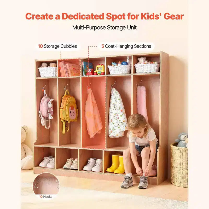 5 Section Kids Coat Locker Wooden Toddler Cubby Storage Organizer with 10 Hooks Non Slip Mat Modern Kid Coat Cubbies