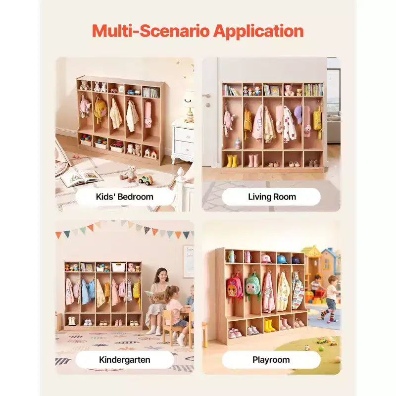5 Section Kids Coat Locker Wooden Toddler Cubby Storage Organizer with 10 Hooks Non Slip Mat Modern Kid Coat Cubbies