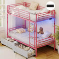 Zevemomo Twin Over Twin Convertible Bunk Bed with 2 Storage Drawers, USB Charging Station, LED Light, No Box Spring Needed, Metal, Pink