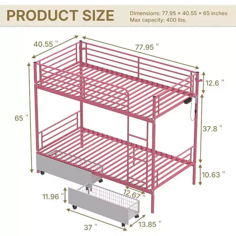Zevemomo Twin Over Twin Convertible Bunk Bed with 2 Storage Drawers, USB Charging Station, LED Light, No Box Spring Needed, Metal, Pink