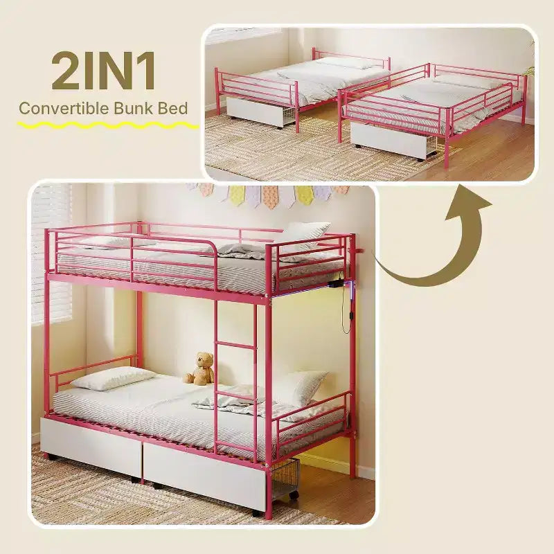 Zevemomo Twin Over Twin Convertible Bunk Bed with 2 Storage Drawers, USB Charging Station, LED Light, No Box Spring Needed, Metal, Pink