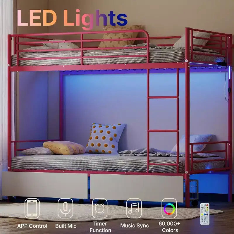 Zevemomo Twin Over Twin Convertible Bunk Bed with 2 Storage Drawers, USB Charging Station, LED Light, No Box Spring Needed, Metal, Pink