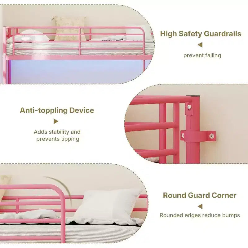 Zevemomo Twin Over Twin Convertible Bunk Bed with 2 Storage Drawers, USB Charging Station, LED Light, No Box Spring Needed, Metal, Pink
