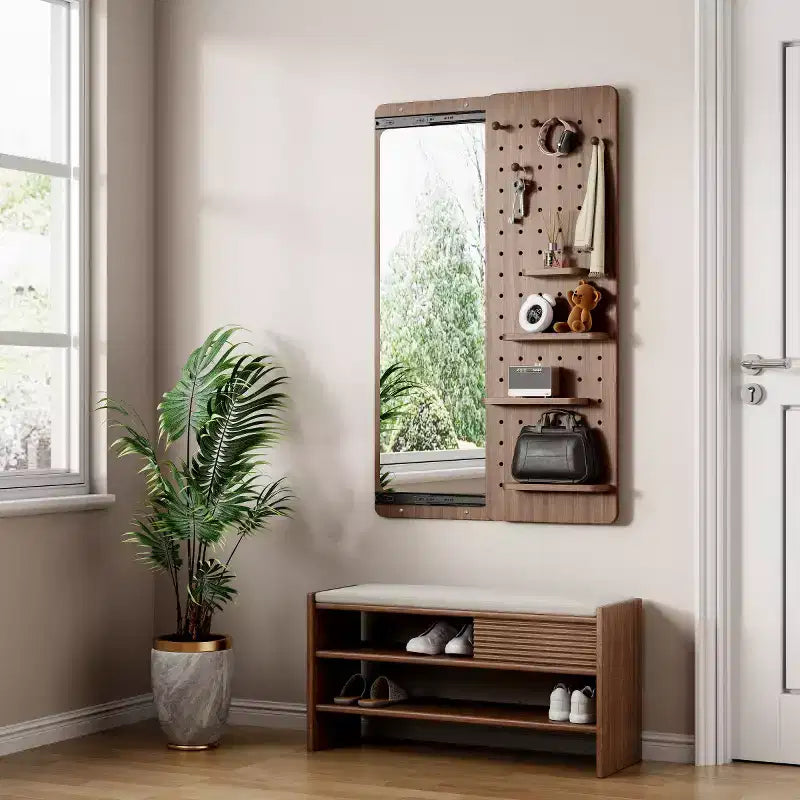 Modern Wall Mounted Full Length Mirror with Shelf & Hooks, Multifunctional Full Body Mirror for Bedroom, Living Room, or Entryway-Panipeachy