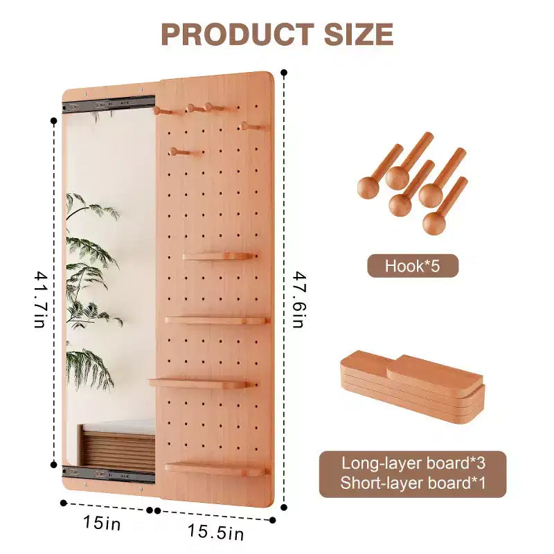 Modern Wall Mounted Full Length Mirror with Shelf & Hooks, Multifunctional Full Body Mirror for Bedroom, Living Room, or Entryway-Panipeachy