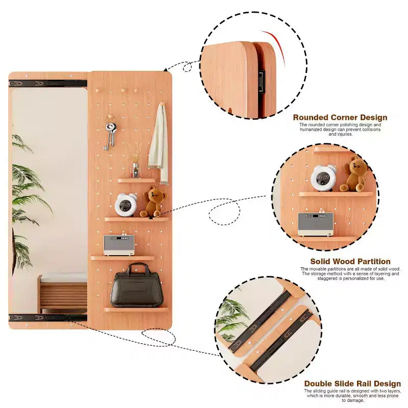 Modern Wall Mounted Full Length Mirror with Shelf & Hooks, Multifunctional Full Body Mirror for Bedroom, Living Room, or Entryway-Panipeachy