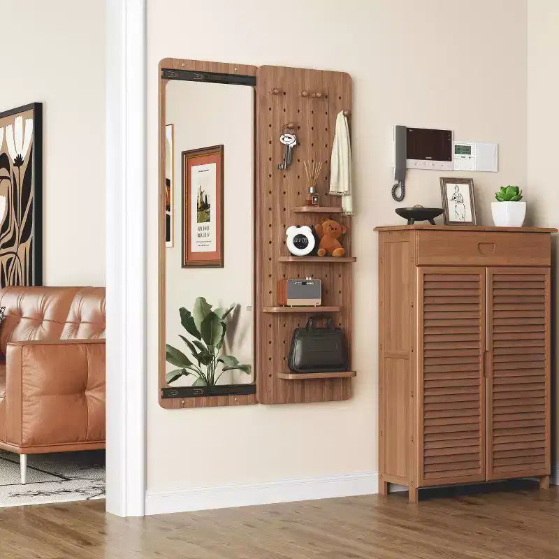 Miroir mural pleine longueur moderne avec étagère et crochets, miroir corporel multifonctionnel pour chambre à coucher, salon ou entrée-Panipeachy
