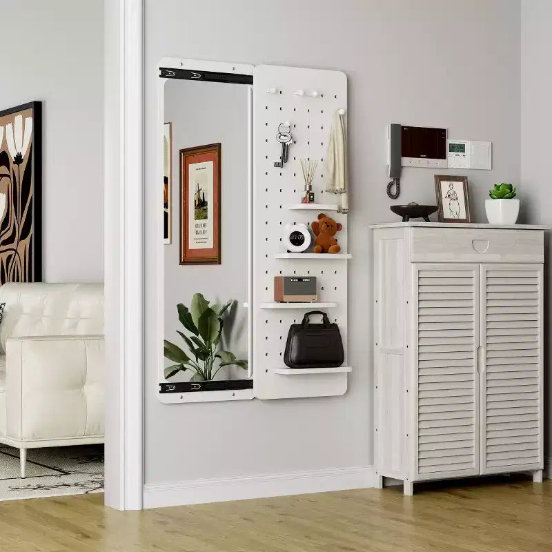 Miroir mural pleine longueur moderne avec étagère et crochets, miroir corporel multifonctionnel pour chambre à coucher, salon ou entrée-Panipeachy