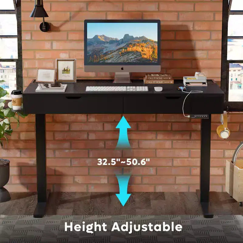 Bestier 47 Inch Electric Standing Desk with 2 Drawers & LED Light for Home Office, Height Adjustable Computer Desk, Gaming Table with USB Charging