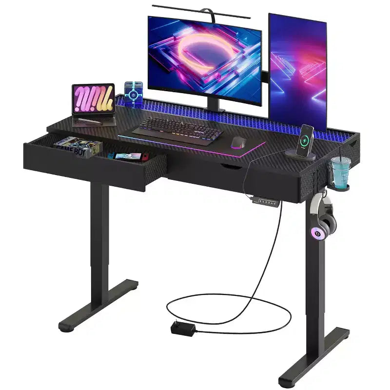 Bestier 47 Inch Electric Standing Desk with 2 Drawers & LED Light for Home Office, Height Adjustable Computer Desk, Gaming Table with USB Charging