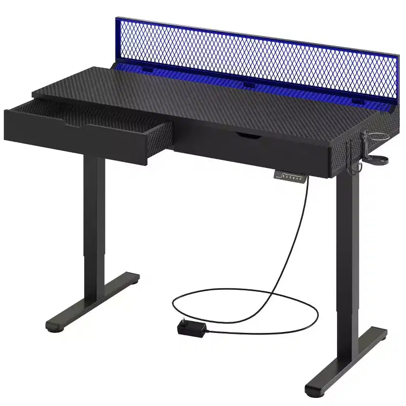 Bestier 47 Inch Electric Standing Desk with 2 Drawers & LED Light for Home Office, Height Adjustable Computer Desk, Gaming Table with USB Charging