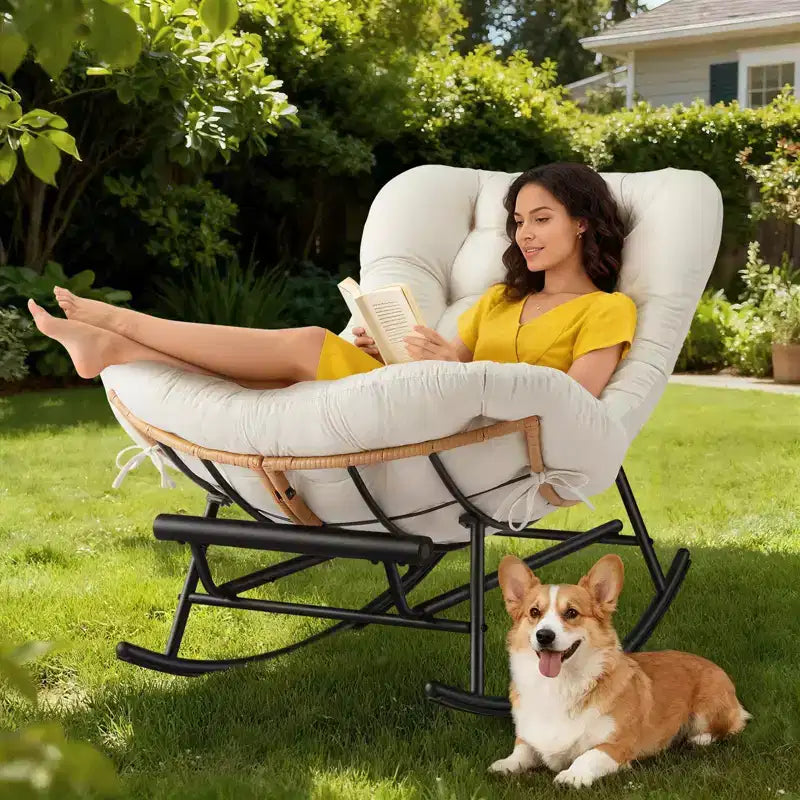 2PCS Rocking Chair Cushions, Houndstooth Pattern Polyester Replacement Seat Pad, Indoor Outdoor Papasan Chairs, Beige