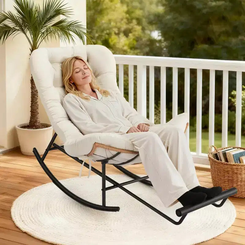 2PCS Rocking Chair Cushions, Houndstooth Pattern Polyester Replacement Seat Pad, Indoor Outdoor Papasan Chairs, Beige
