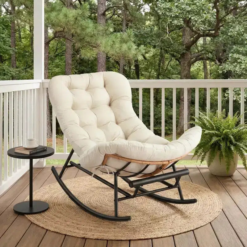 2PCS Rocking Chair Cushions, Houndstooth Pattern Polyester Replacement Seat Pad, Indoor Outdoor Papasan Chairs, Beige