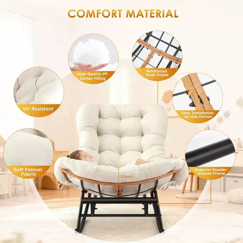 2PCS Rocking Chair Cushions, Houndstooth Pattern Polyester Replacement Seat Pad, Indoor Outdoor Papasan Chairs, Beige