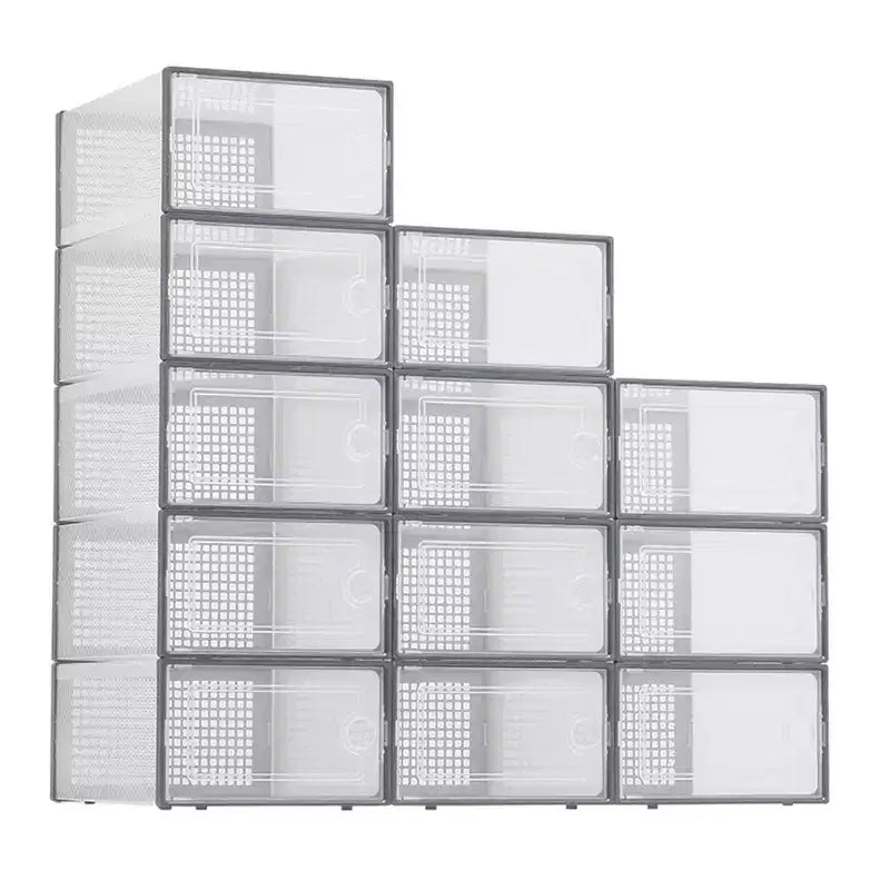 Lot de 12 organisateurs de chaussures empilables extra-larges en plastique transparent avec couvercles durables pour baskets, jouets, rangement dans le placard et sous le lit