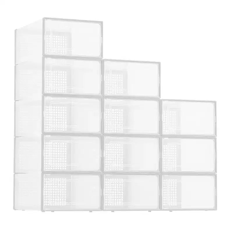 Lot de 12 organisateurs de chaussures empilables extra-larges en plastique transparent avec couvercles durables pour baskets, jouets, rangement dans le placard et sous le lit