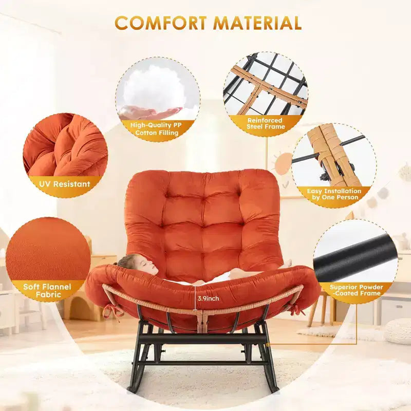 2PCS Rocking Chair Cushions, Houndstooth Pattern Polyester Replacement Seat Pad, Indoor Outdoor Papasan Chairs, Orange