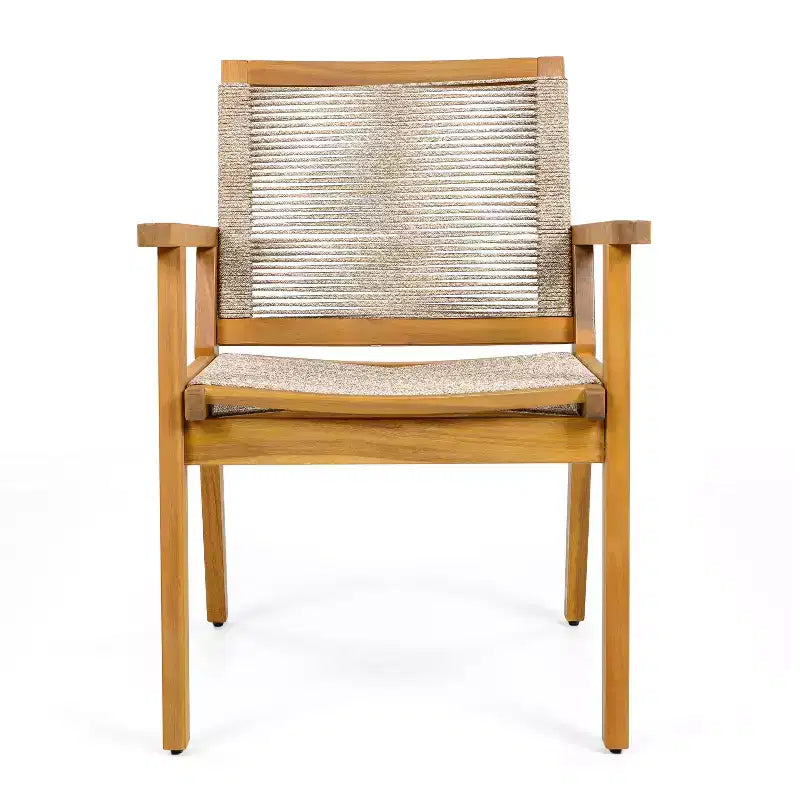 Outdoor Dining Chairs Set of 2, Teak Finish Wood Frame and Mix Brown Rope, Natural Courtyard Style, 400lbs Capacity