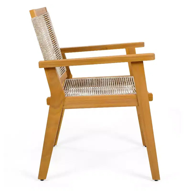 Outdoor Dining Chairs Set of 2, Teak Finish Wood Frame and Mix Brown Rope, Natural Courtyard Style, 400lbs Capacity