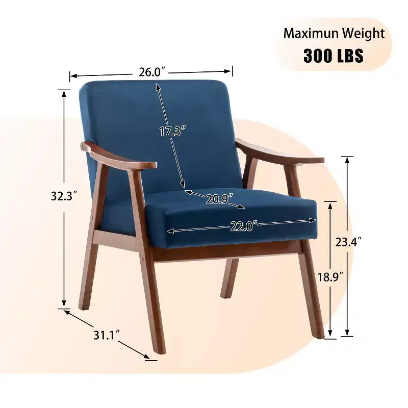 Mid-Century Modern Velvet Accent Chair with Solid Wood Frame, Wingback Lounge Chair for Living Room