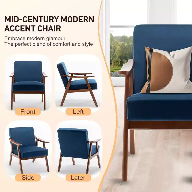 Mid-Century Modern Velvet Accent Chair with Solid Wood Frame, Wingback Lounge Chair for Living Room