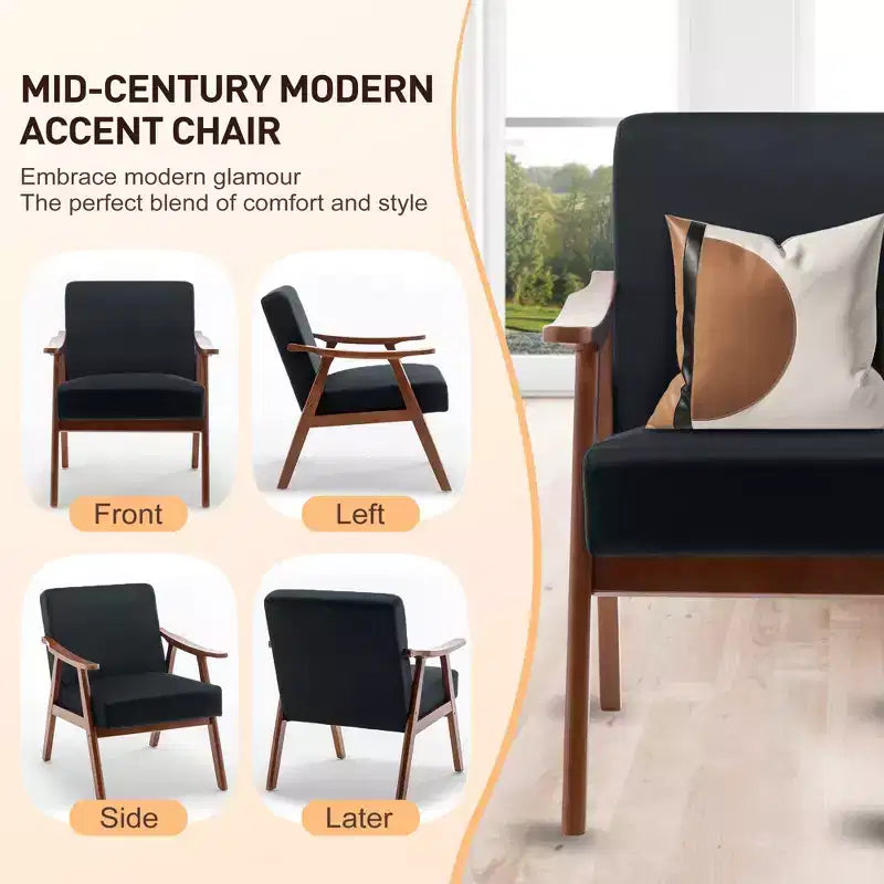 Mid-Century Modern Velvet Accent Chair with Solid Wood Frame, Wingback Lounge Chair for Living Room