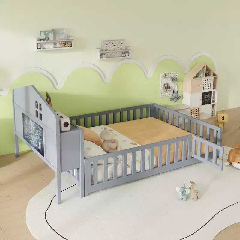 Full Size Montessori Floor Bed with Bookcases, Blackboards and Storage Headboard, Grey